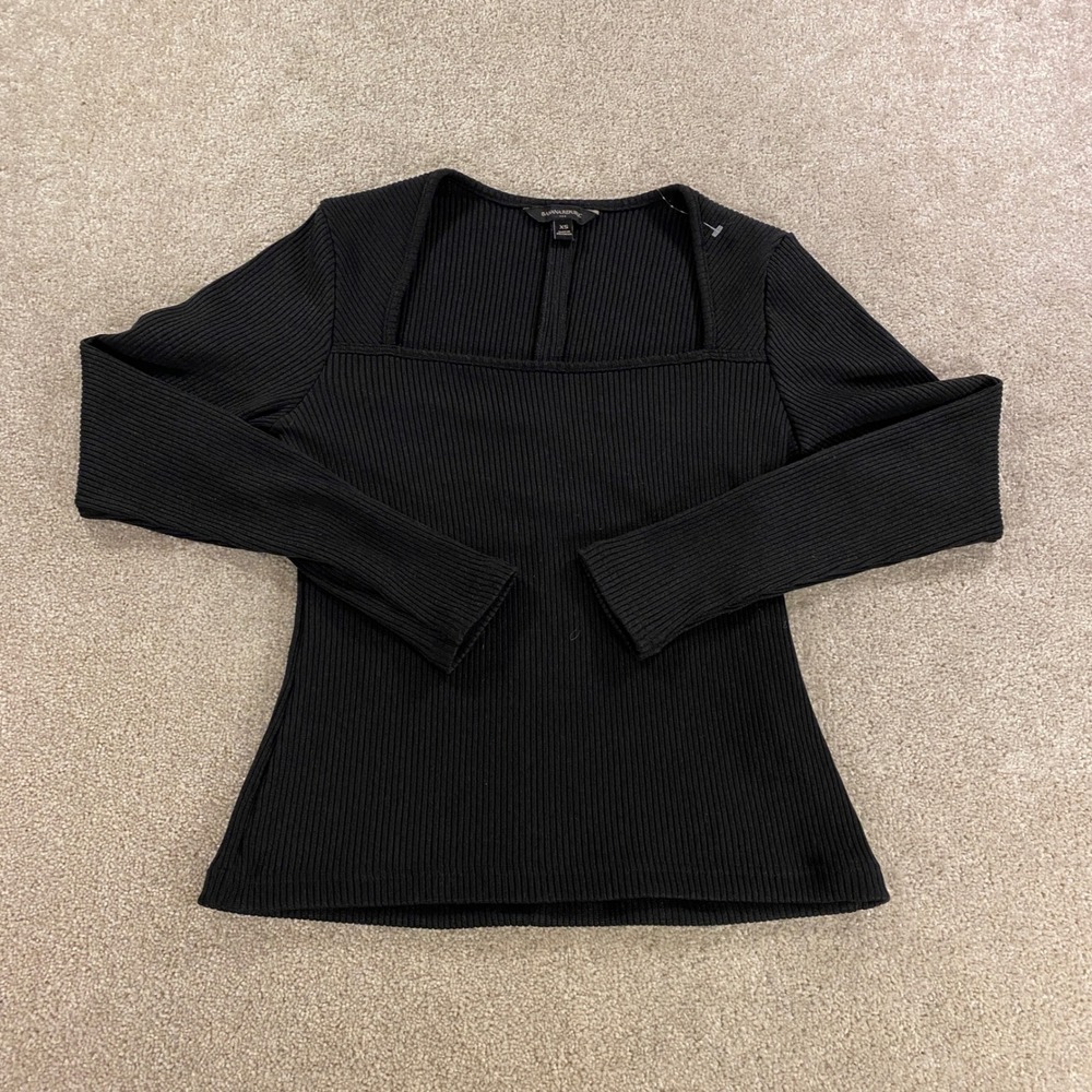 Banana Republic Ribbed Square Neck Top Womens XS Black Long Sleeve